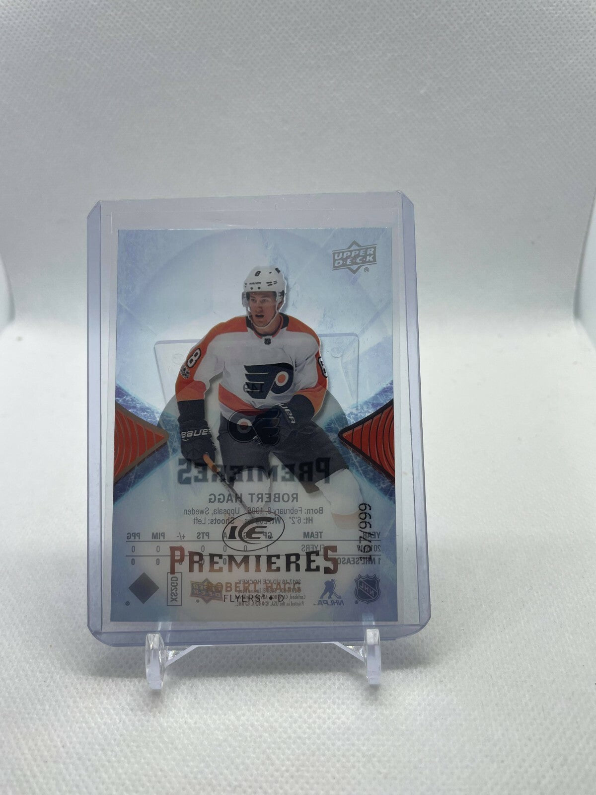 Robert Hagg 2017-18 UD Ice Premieres Rookie Rc #’d/999 Philadelphia Flyers