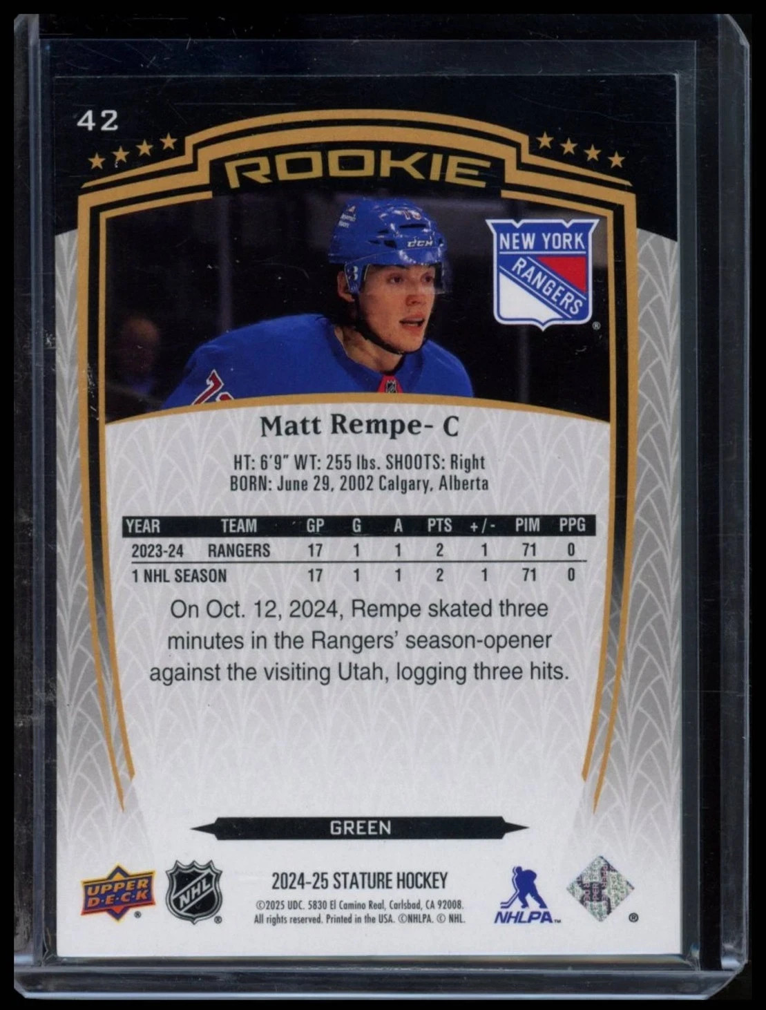 2024 UPPER DECK STATURE #42 MATT REMPE GREEN RC ROOKIE /375