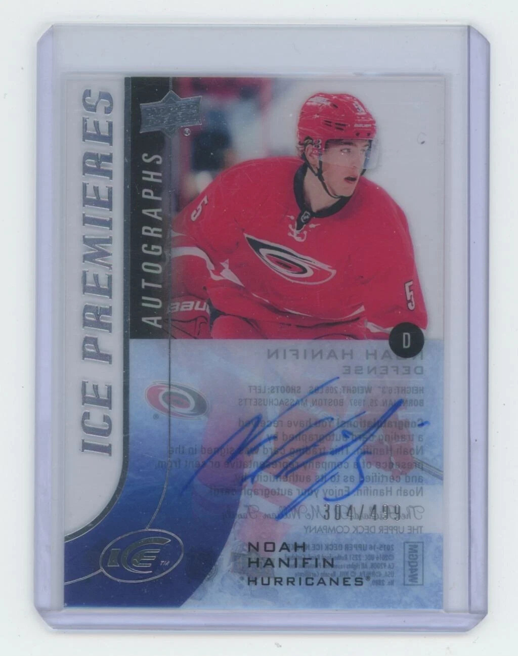 2015-16 Upper Deck Ice Premieres Auto Noah Hanifin /499 #IPA-NH Carolina