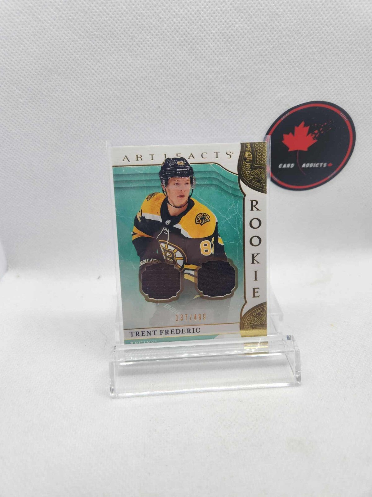 2019-20 Artifacts Trent Frederic Rookie Dual Jersey #/499 Boston Bruins