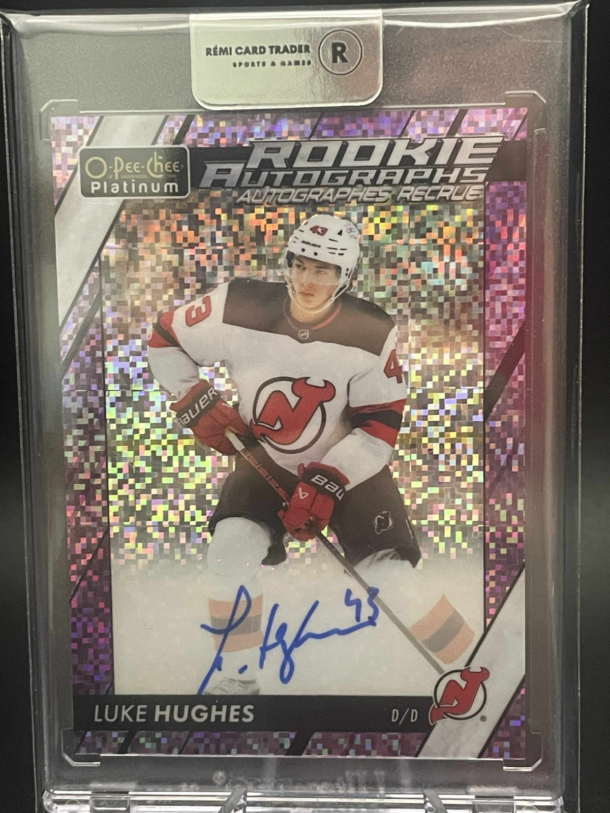 2023/24 OPC Platinum Violet Pixel Auto Luke Huges #'d /99 Devils