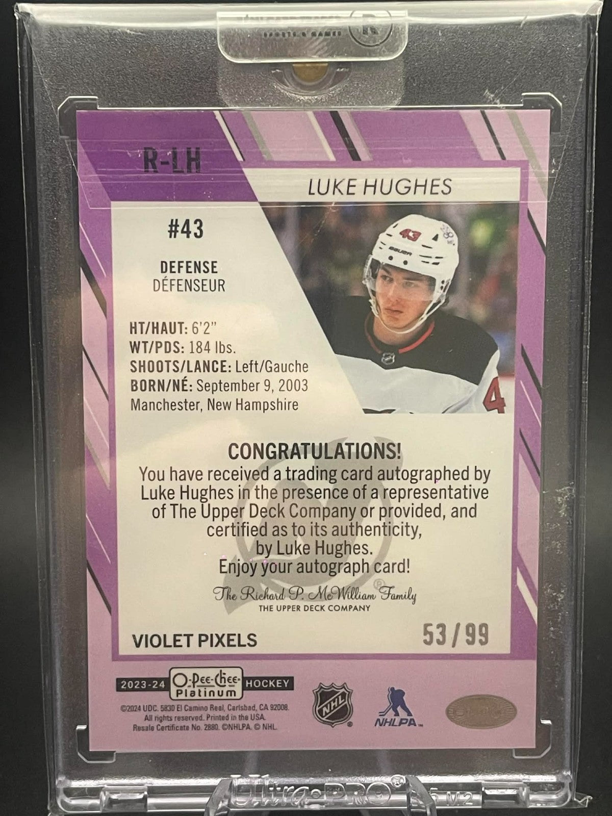 2023-24 O-Pee-Chee Platinum Rookie Violet Pixels /99 Luke Hughes #R-LH Auto RC