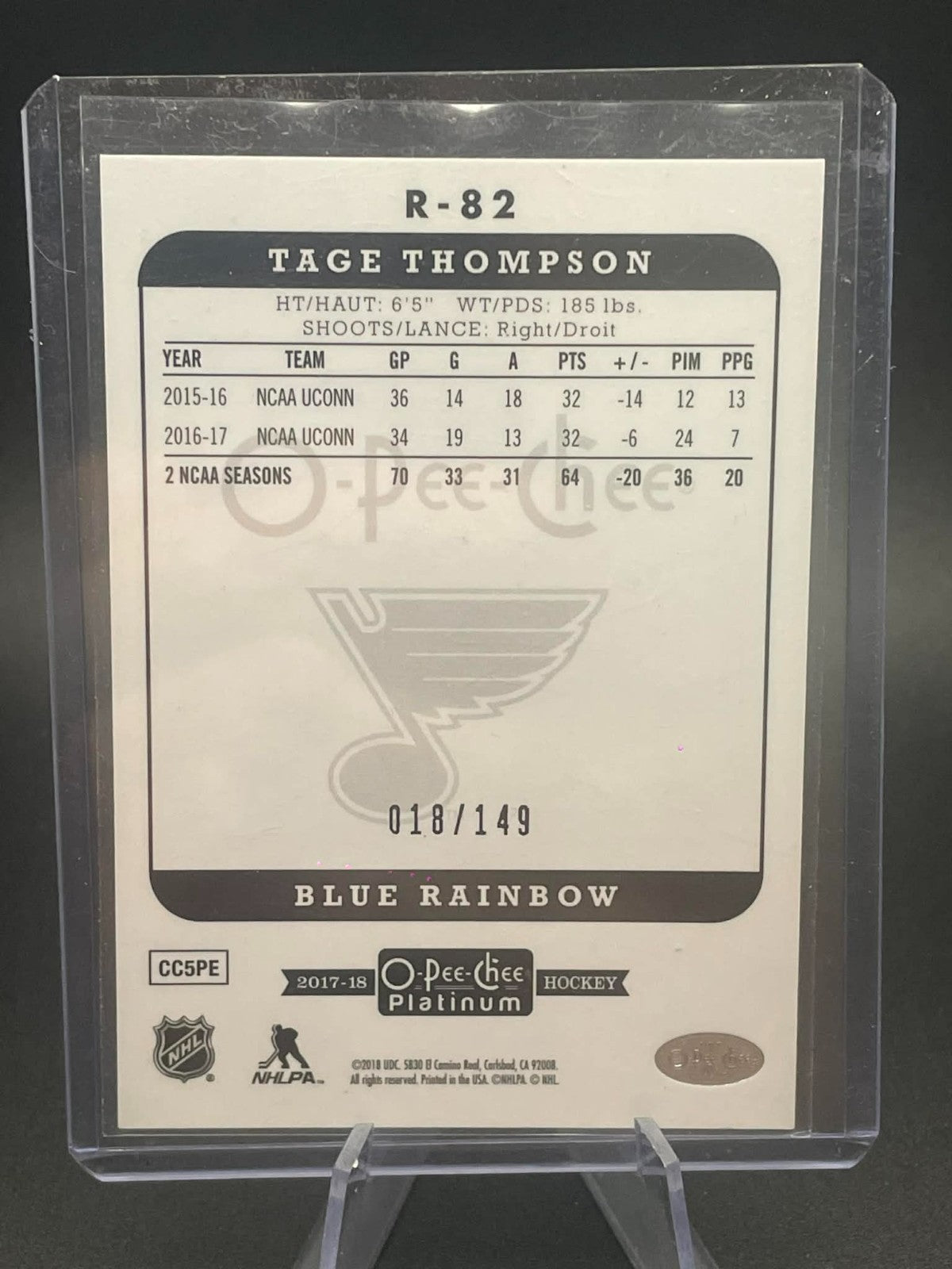 2017-18 O-PEE-CHEE PLATINUM #R-82 TAGE THOMPSON "RETRO BLUE RAINBOW" RC #/149