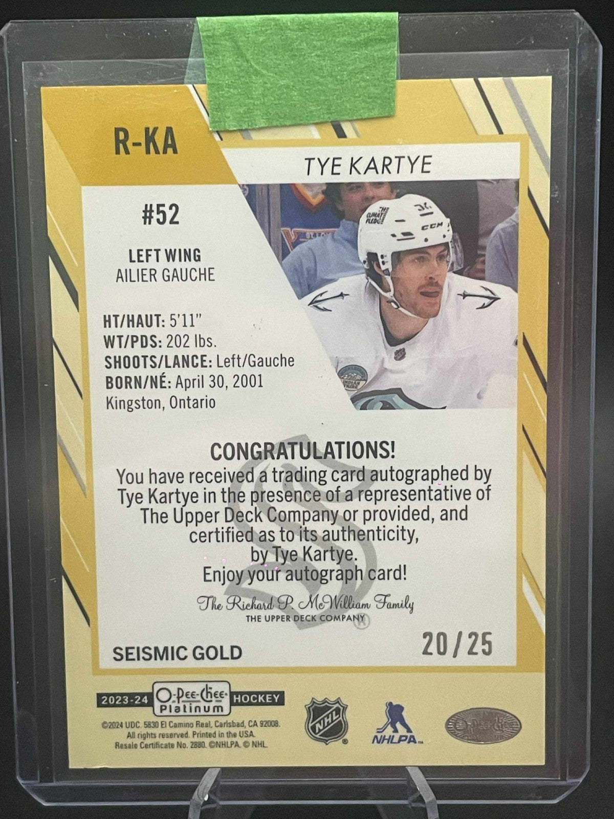 2023-24 O-Pee-Chee Platinum Rookie Seismic Gold /25 Tye Kartye #R-KA Auto RC