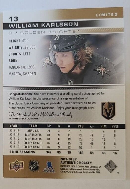 2020-21 SP Authentic SPA 2019-20 Limited Auto Parallel VEGAS WILLIAM KARLSSON
