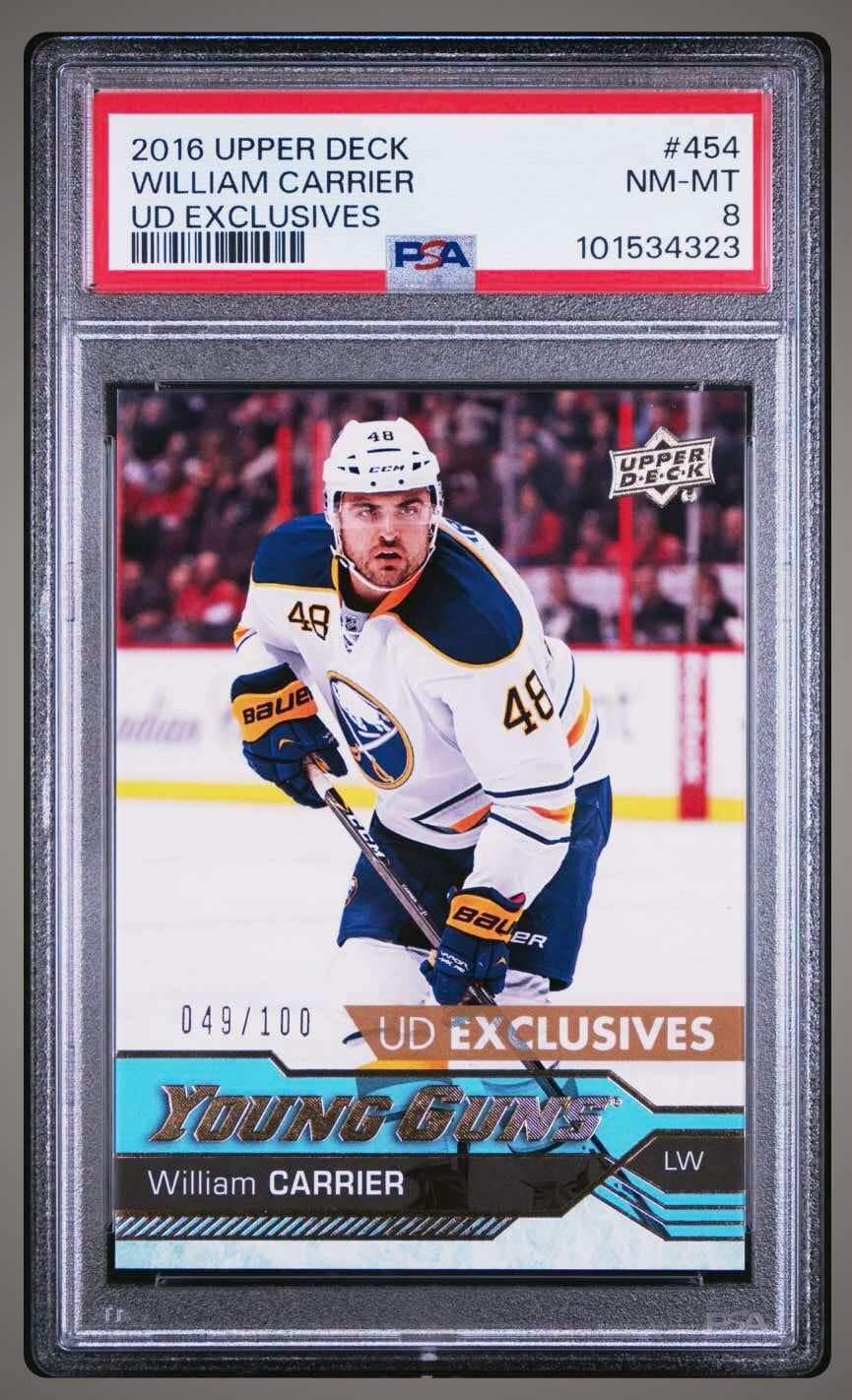 17/18 UD YOUNG GUNS EXCLUSIVES WILLIAM CARRIER /100 PSA 8