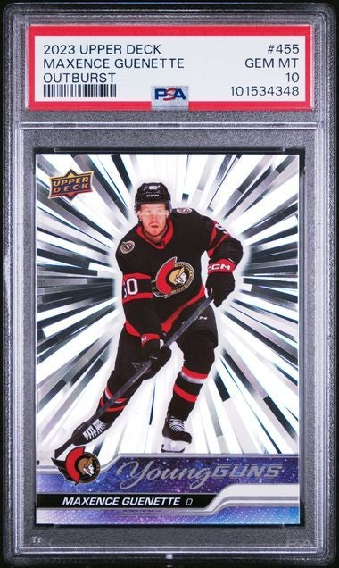 2023-24 Upper Deck Young Guns Silver Outburst Maxence Guenette Rookie 455 PSA 10