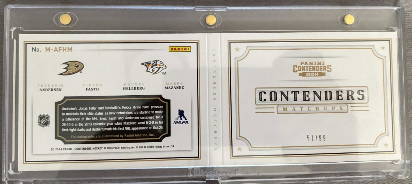 2013-14 Panini Contenders Matchups Auto /99 Andersen/Fasth/Hellberg/Mazanec