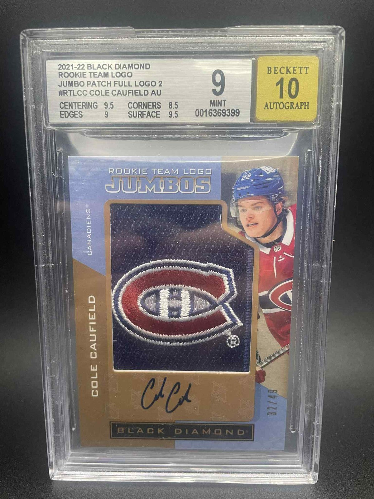 21-22 Black Diamond Rookie Jumbo Patch Auto Cole Caufield /49 BGS 9 AUTO 10