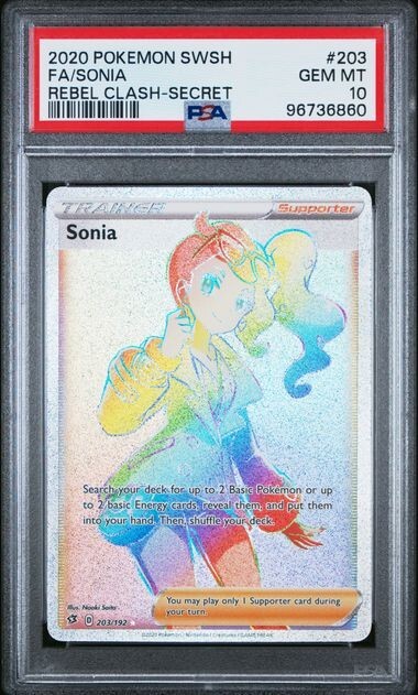 2020 POKEMON SWORD & SHIELD SONIA FULL ART REBEL CLASH SECRET 203/192 PSA 10