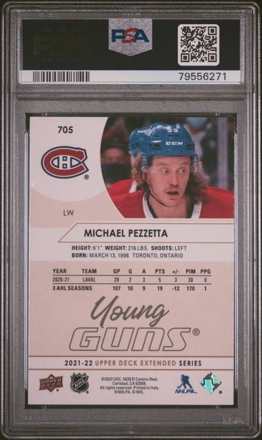 2021-22 UPPER DECK MICHAEL PEZZETTA YOUNG GUNS SILVER FOIL ROOKIE 705 PSA 9