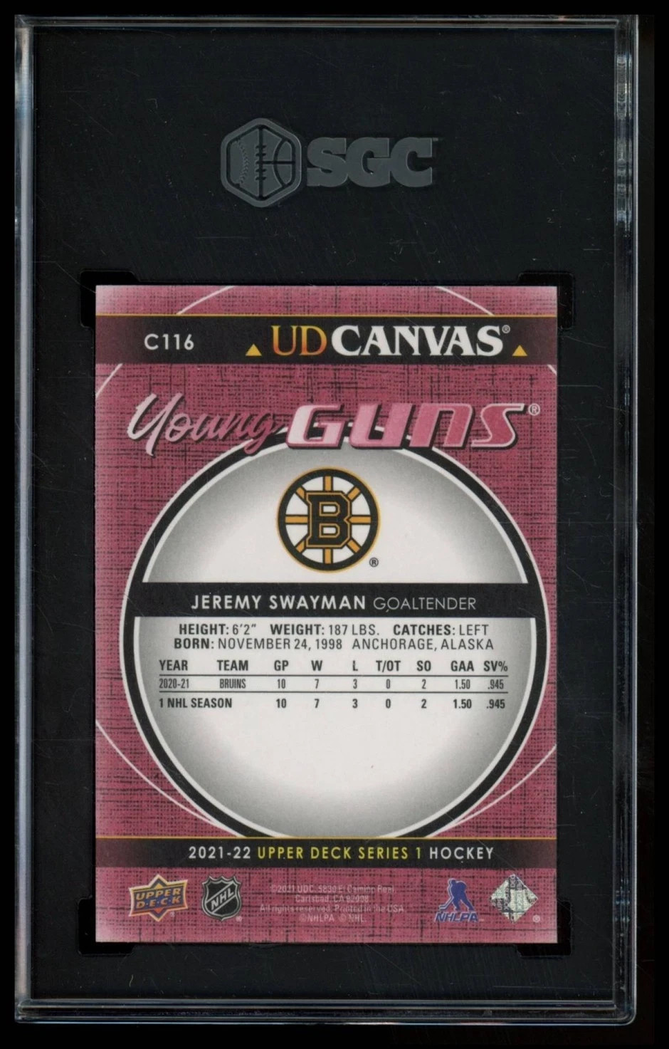 2021 UPPER DECK #C116 JEREMY SWAYMAN UD CANVAS YOUNG GUNS RC ROOKIE SGC 9.5