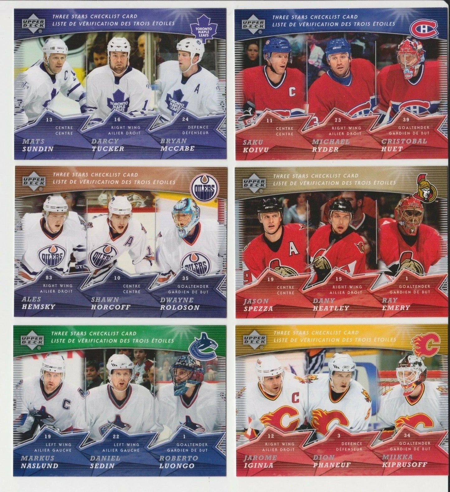 2007-2008 UD MCDONALD'S 6 Hockey Cards Checklist Set CL1-CL6 Three Stars