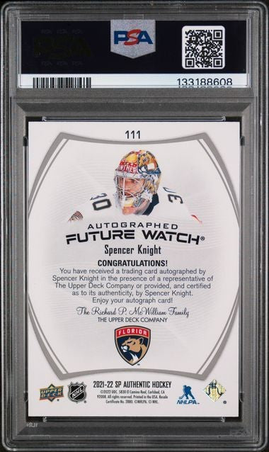 2021-22 SP Authentic Future Watch Auto Spencer Knight /999 PSA 9