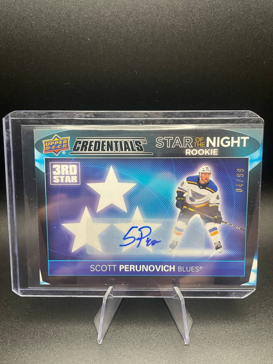 2021-22 Credentials Star Of The Night Rookie Auto Scott Perunovich /99 #3SR-3