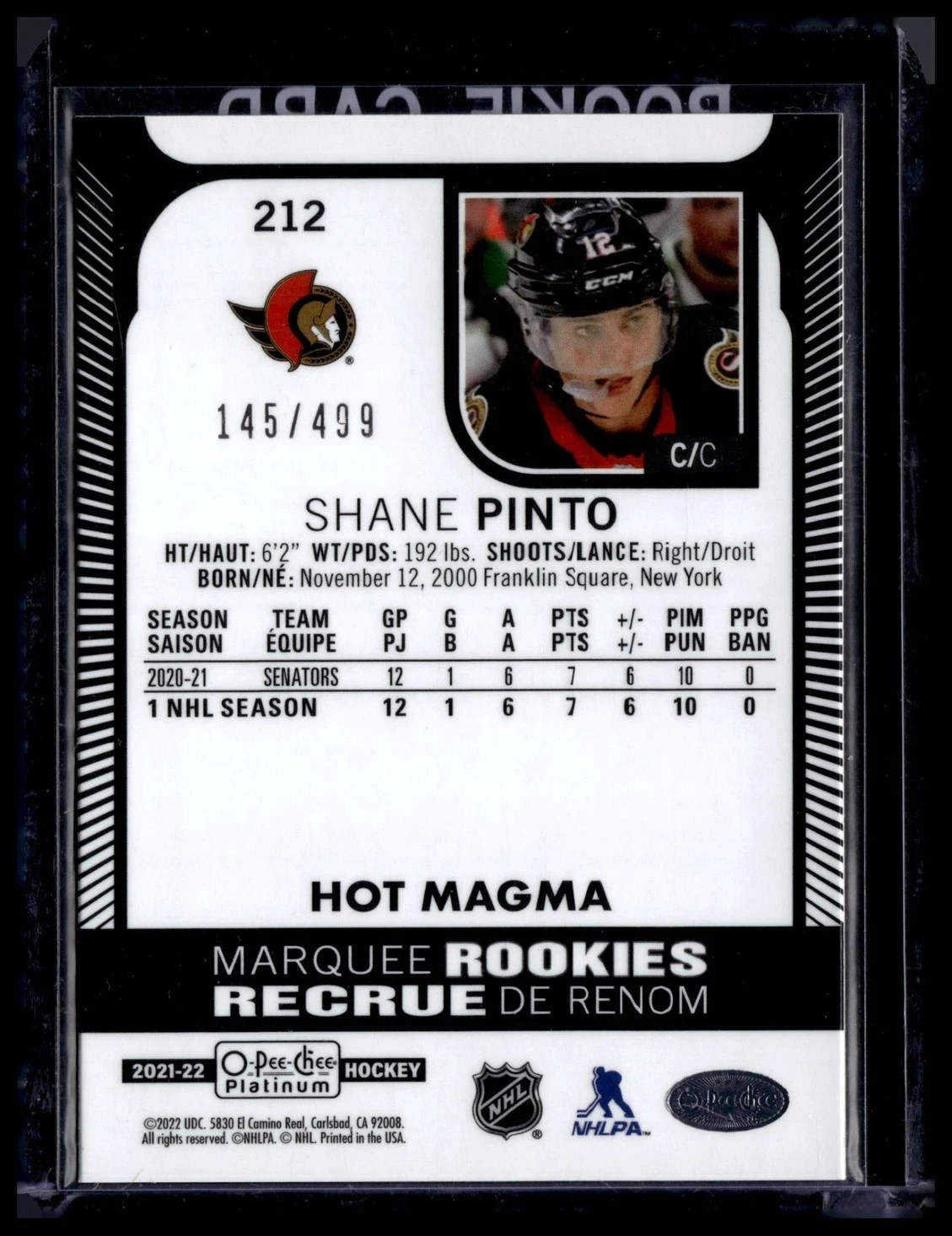 2021 O-PEE-CHEE PLATINUM #212 SHANE PINTO HOT MAGMA RC ROOKIE /499