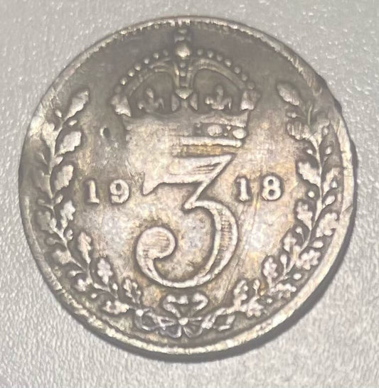 1918 UK Great Britain 3 Pence Silver Coin REF I