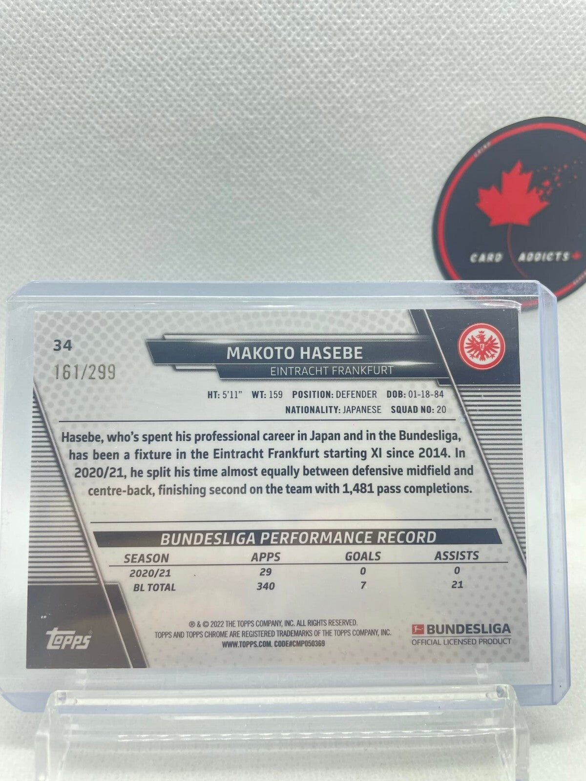 2021 Topps Chrome Bundesliga Makoto Hasebe /299 Eintracht Frankfurt #34