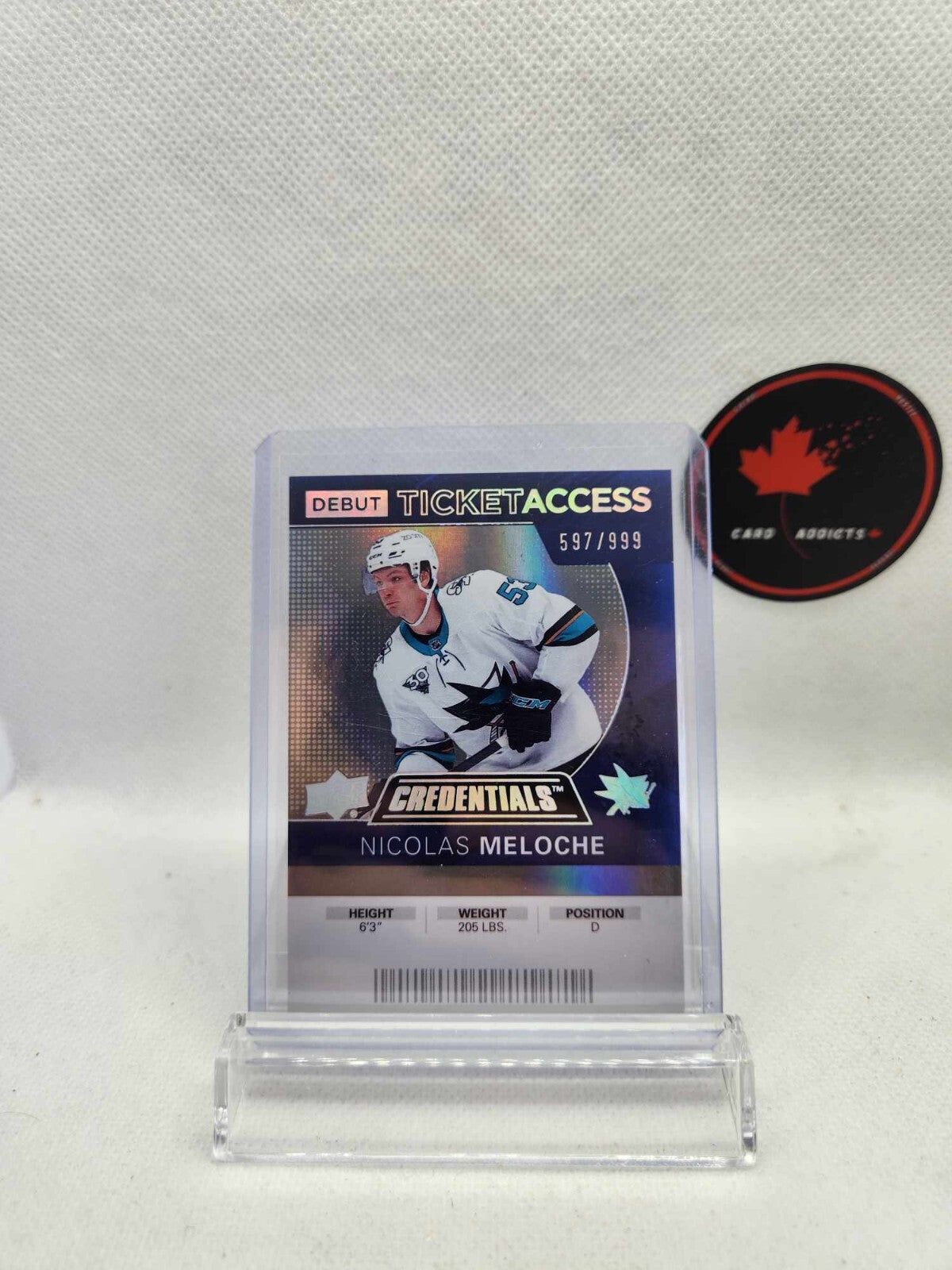 21/22 UD Credentials San Jose Nicolas Meloche Debut Ticket RC #90 Ltd #/999