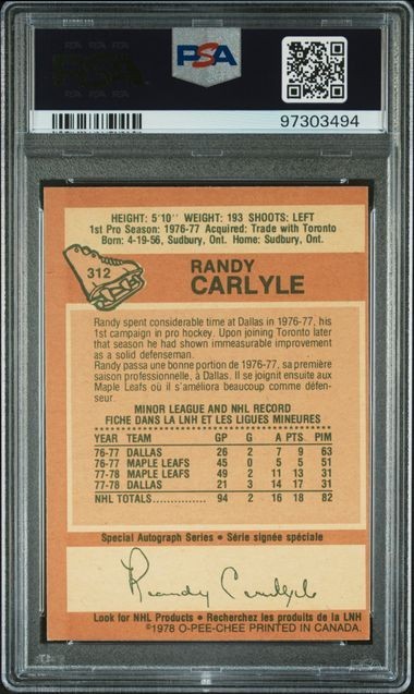 1978-79 O-pee-chee Hockey Card Randy Carlyle RC #312 Rookie PSA 5