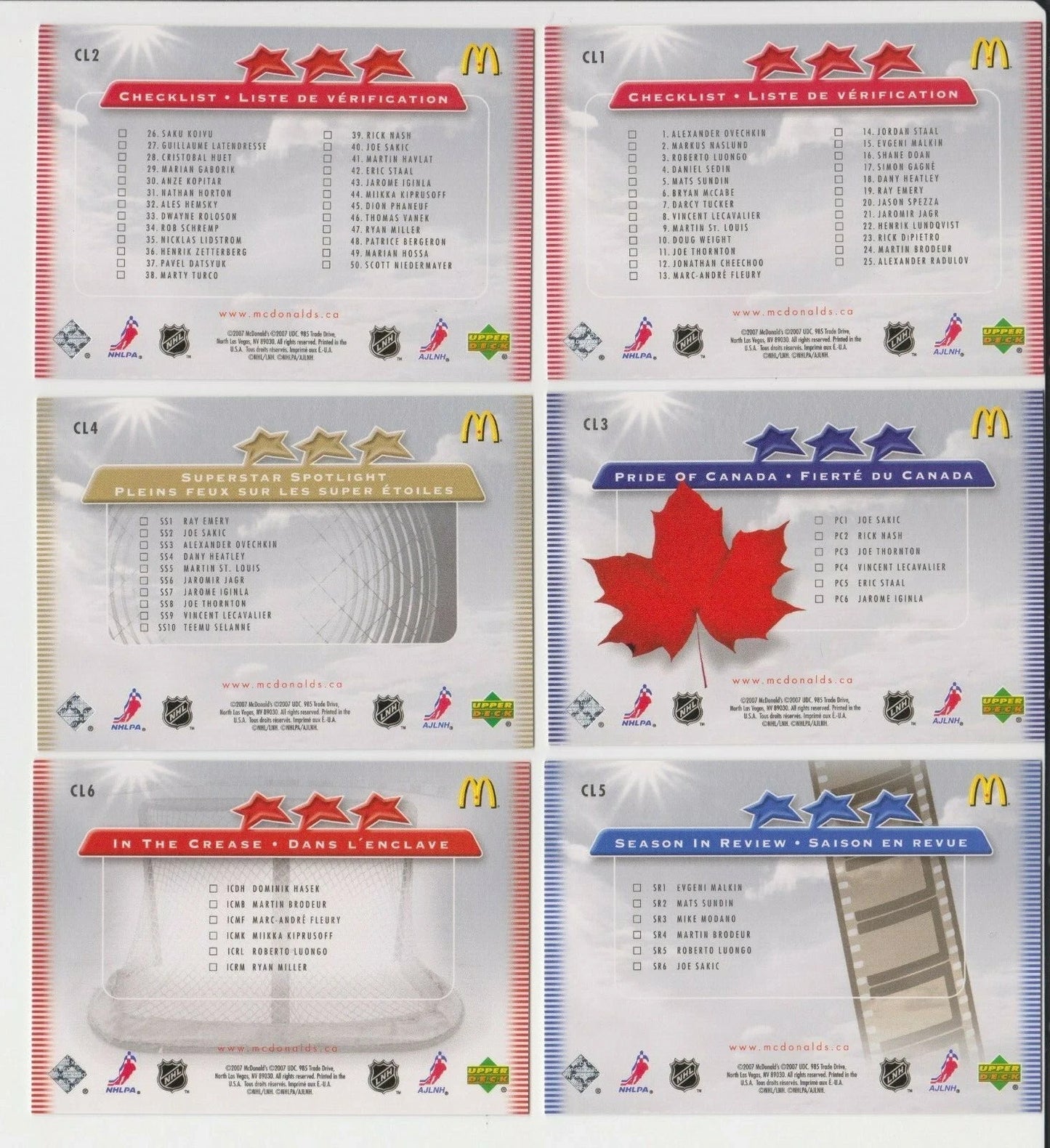 2007-2008 UD MCDONALD'S 6 Hockey Cards Checklist Set CL1-CL6 Three Stars