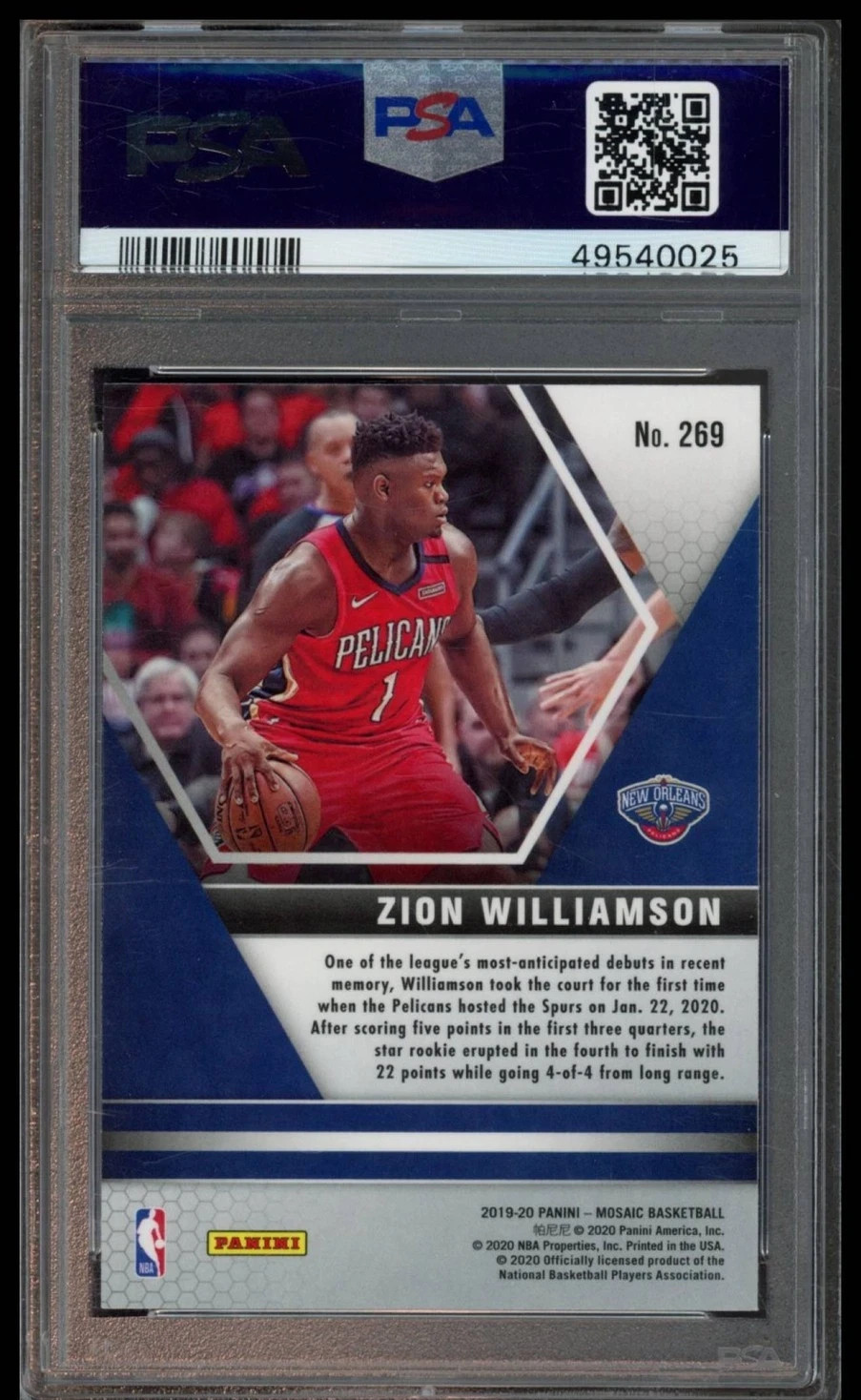 2019 PANINI MOSAIC #269 ZION WILLIAMSON NBA DEBUT RC ROOKIE PSA 10