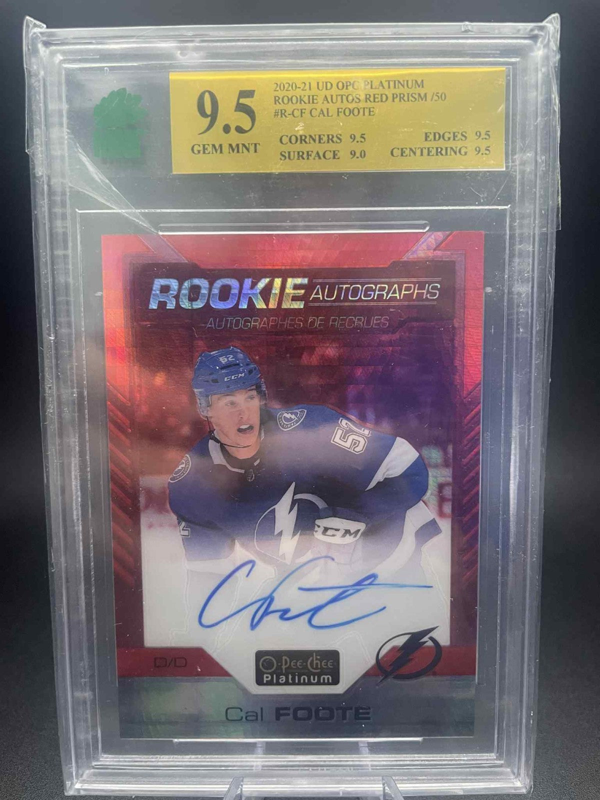 2020-21 O-PEE-CHEE PLATINUM ROOKIE AUTO RED PRISM /50 CAL FOOTE MNT 9.5