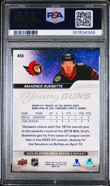 2023-24 Upper Deck Young Guns Silver Outburst Maxence Guenette Rookie 455 PSA 10