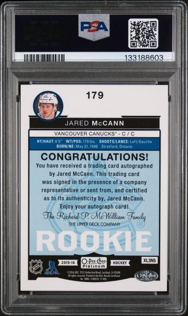 2015-16 O-Pee-Chee Platinum Rookie Autos Jared McCann #179 PSA 9