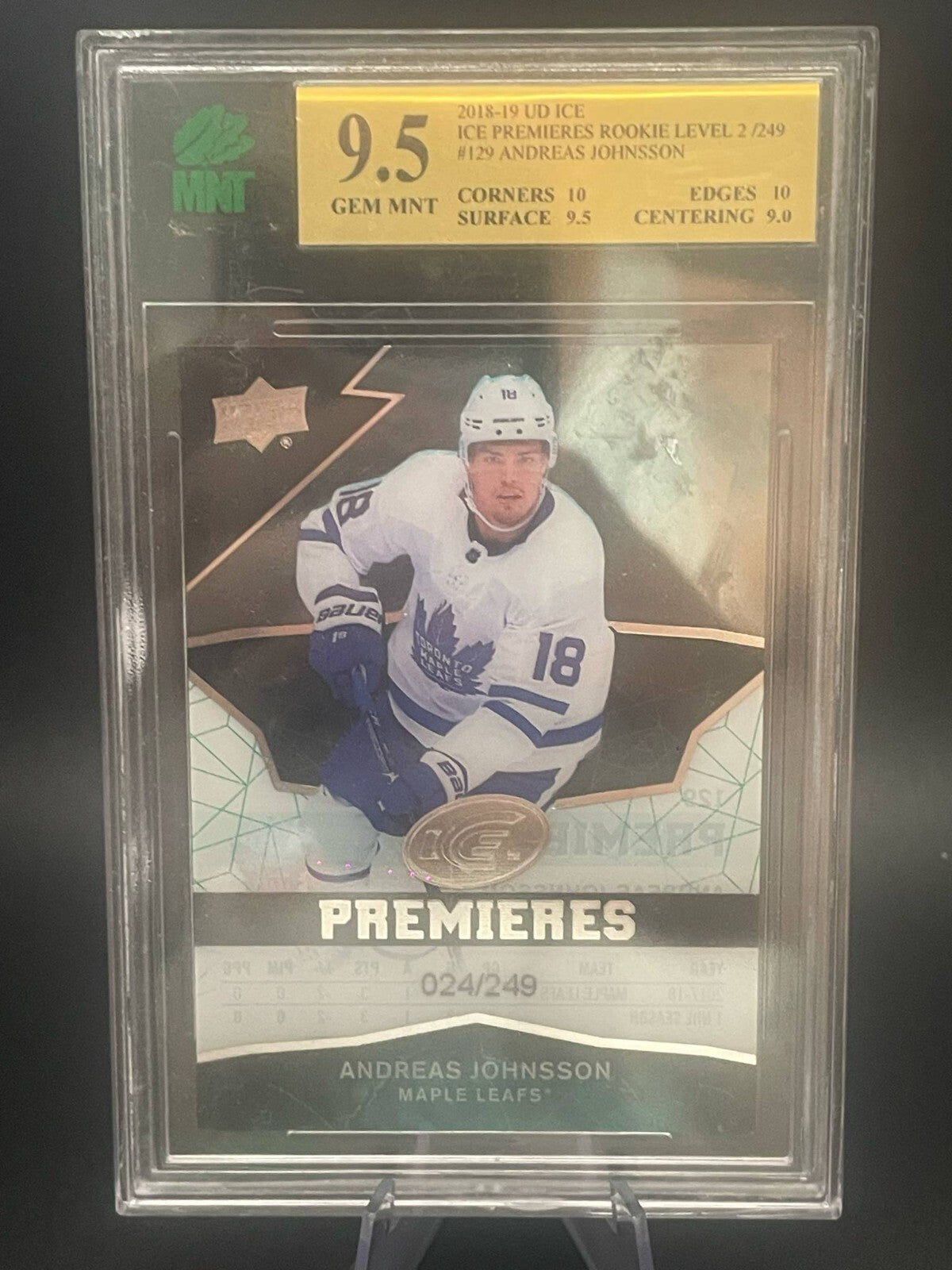 ANDREAS JOHNSSON ROOKIE 2018-19 UD ICE PREMIERES /249 ROOKIE LEAFS MNT 9.5