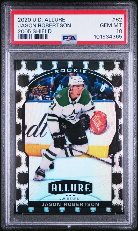 2020-21 Upper Deck Allure Jason Robertson 2005 NHL Shield Rookie RC #82 PSA 10
